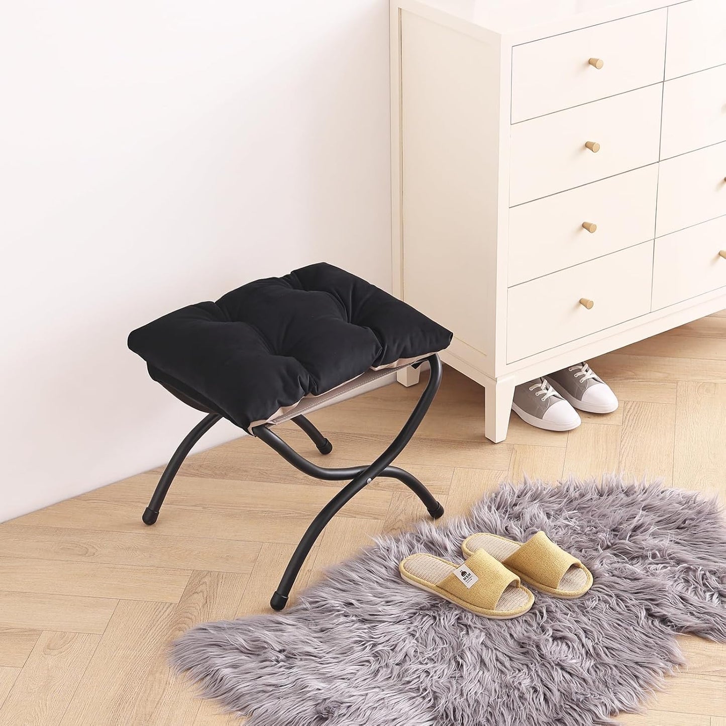 LITA Folding Upholstered Footrest Stool, Modern Small Portable Accent Ottoman with Detachable Thick Cotton Cushion Padded Sofa Stool with Metal Frame for Lazy Chair, Living Room & Bedroom, Black