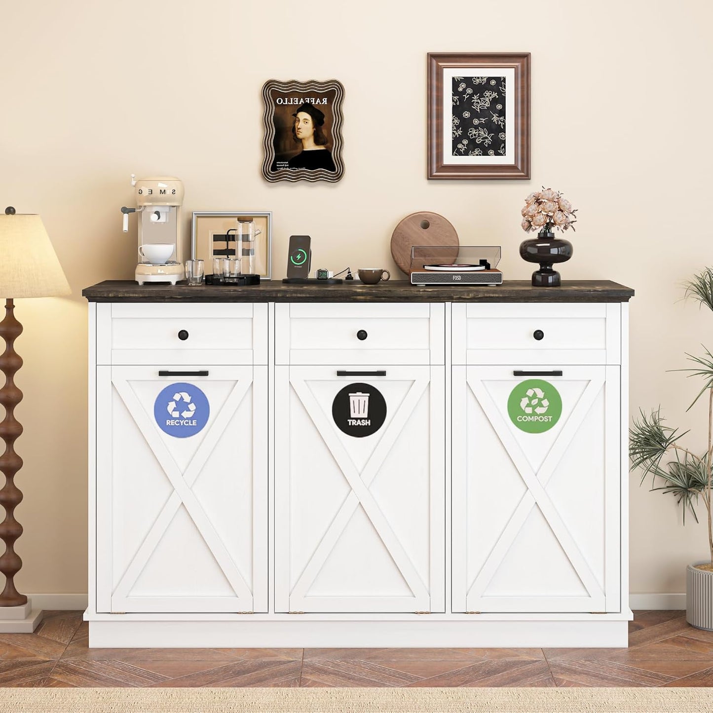 Farmhouse Tilt Out Trash Cabinet, Triple 13 Gallon Wooden Kitchen Trash Can Cabinet with Hideaway Drawer, Freestanding Garbage Recycling Cabinets, Pet Proof, Power Outlets, 59 Inch, White