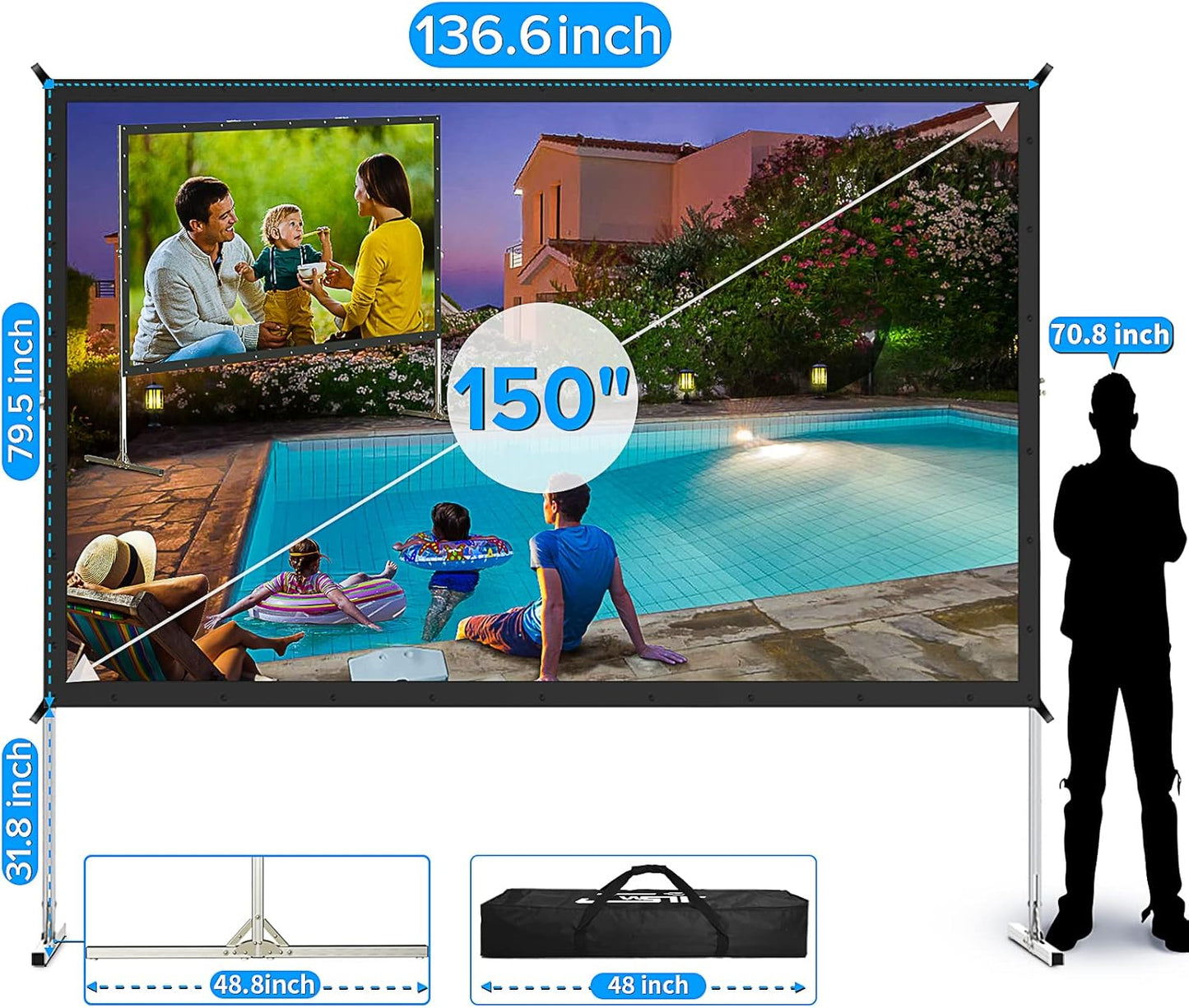 150 inch Projector Screen with Stand, Upgraded 3 Layers PVC 16:9 Outdoor Projector Screen, Outdoor Movie Screen with Carrying Bag for Home Theater Backyard