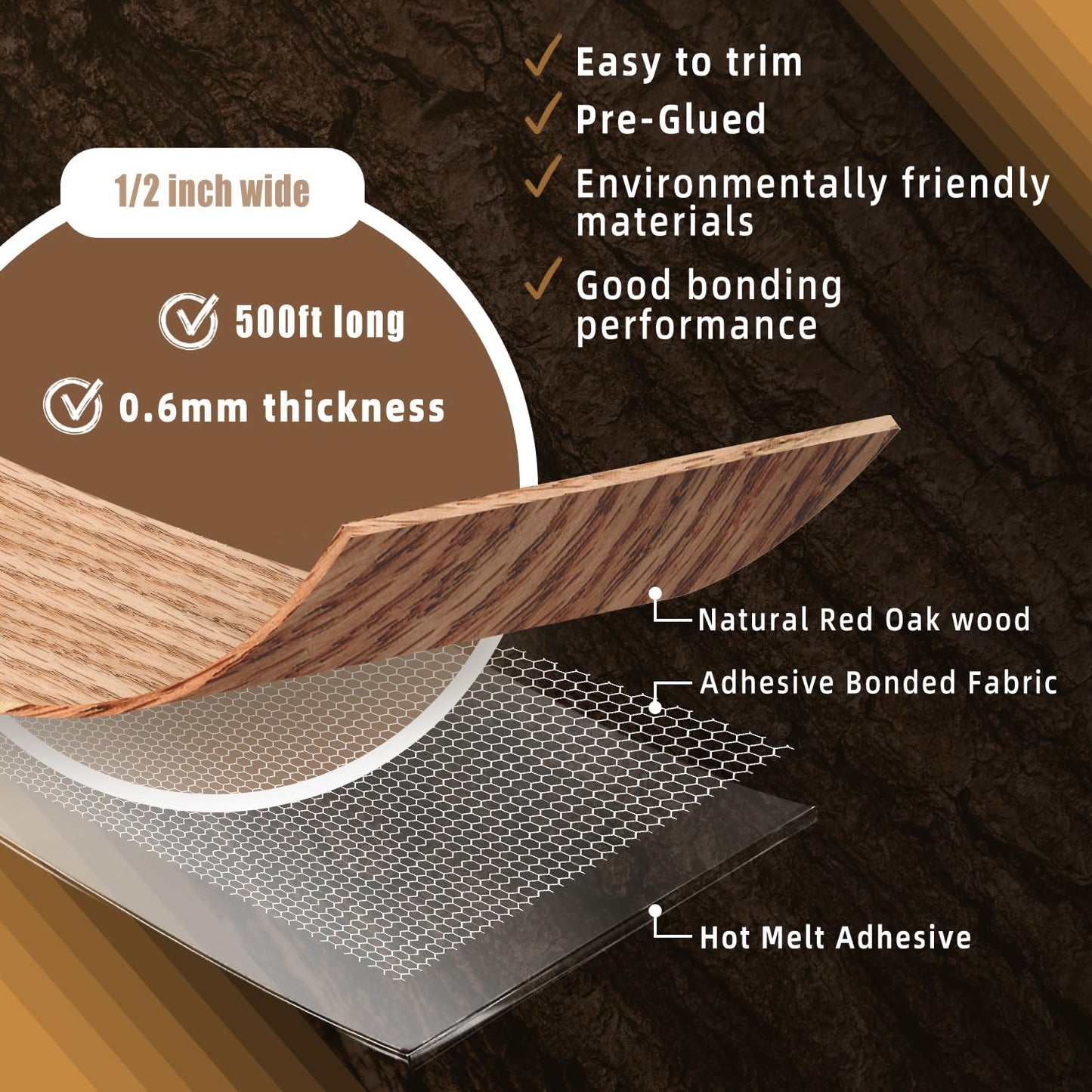 GSCIT Club Red Oak Edge Banding, 1/2 inch x 500ft roll of Wood Veneer Edge Banding Pre-glued Flexible, Real Wood Tape Banding for Cabinet Repair Furniture Restoration