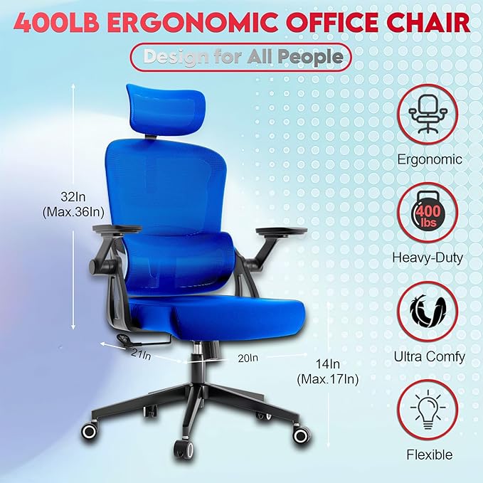 Ergonomic Office Chair - 400LB Comfy Desk Chairs with Adjustable Headrest and Lumbar Back Support, Mesh Computer Chairs with Wheels and Arms for Home Office, Study (218Blue-With Headrest)