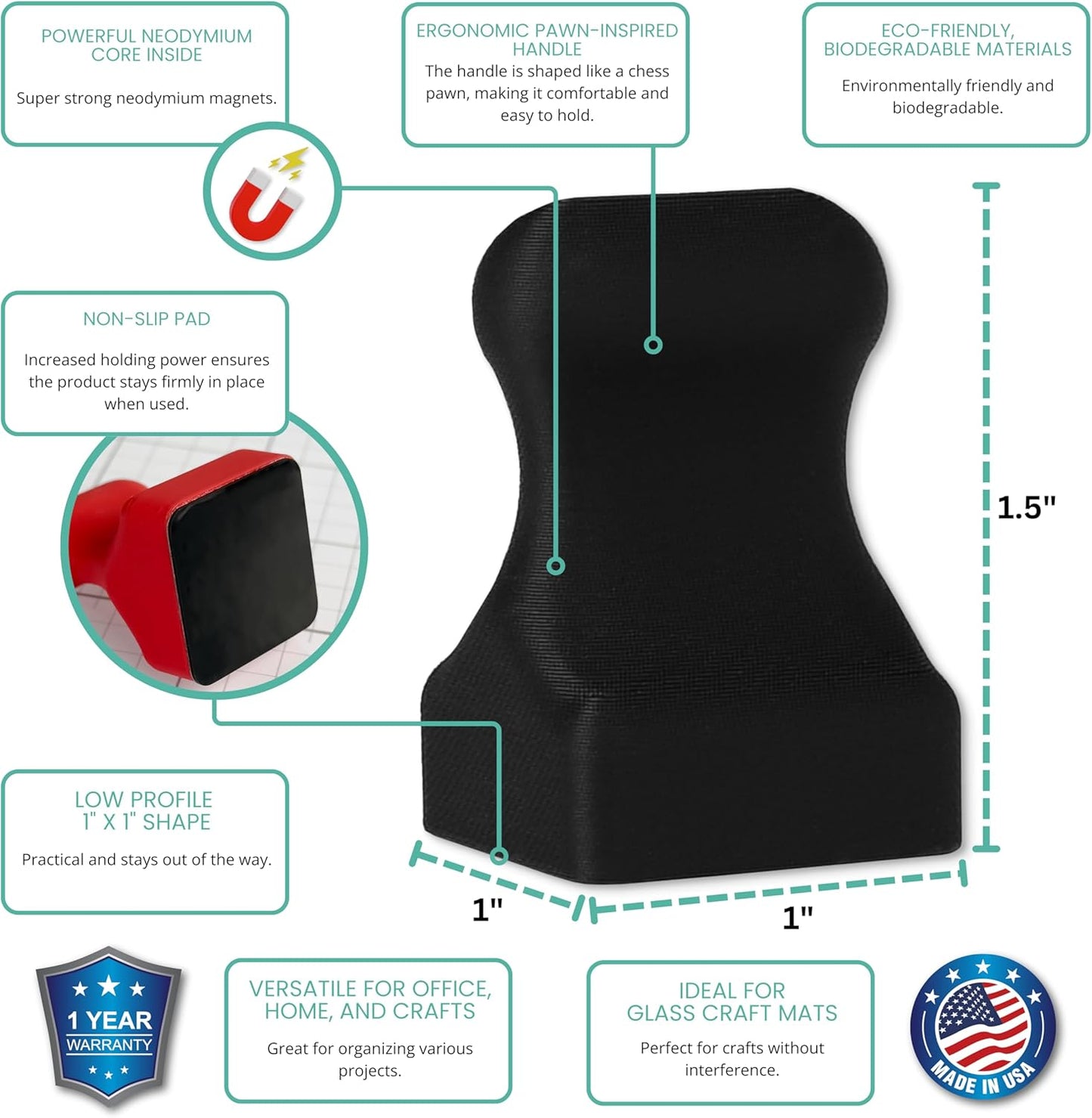 Glassboard Studio MiniPawn Magnet - Strong Neodymium Rare Earth Magnets for Fridge, Whiteboard, Locker & Magnetic Glassboards - Ideal for Crafting & Office Use - Strong Fridge Magnets (Jet Black, 4)