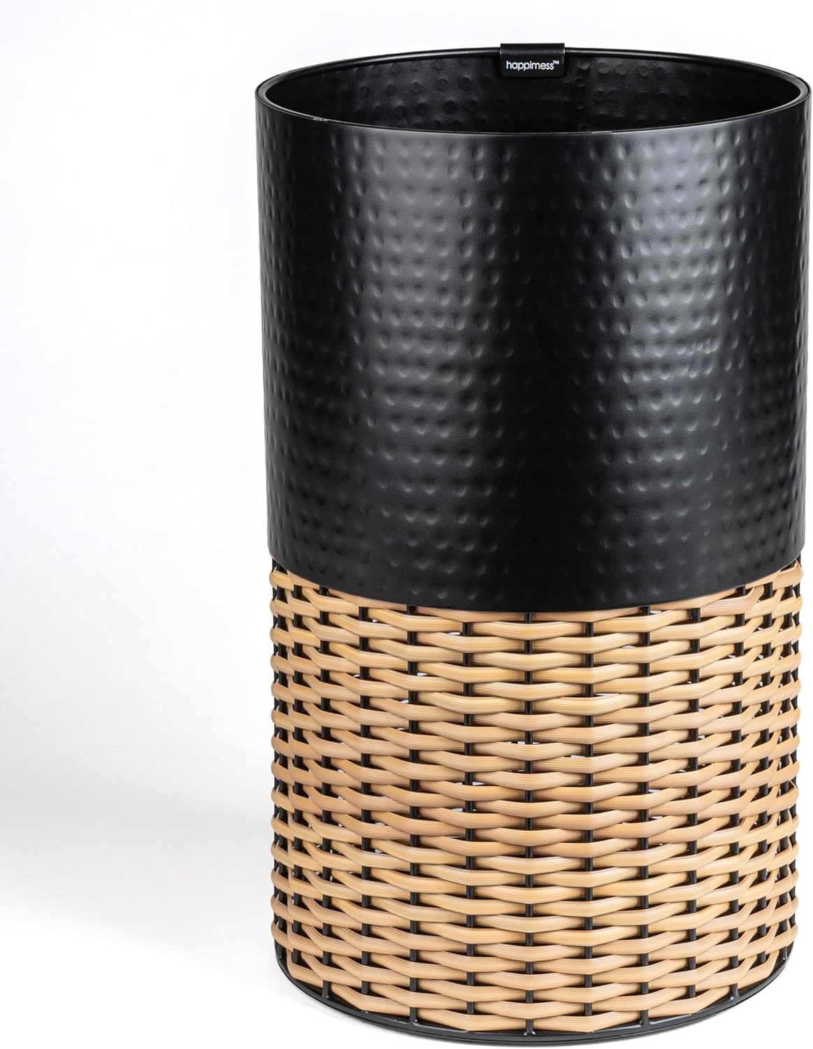 happimess HPM1102C Asher Modern 4.13-Gallon 2-Tone Faux Wicker/Metal Cylinder Waste Basket, Black/Natural for Home, Bathroom, Living Room, Office, Bedroom, Kitchen