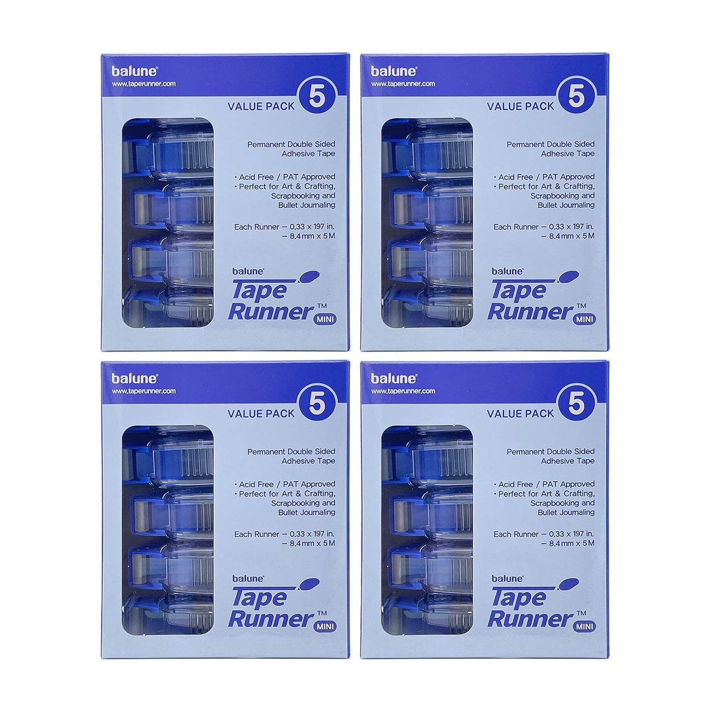 Tape Runner - Double Sided Adhesive with Dispenser Roller Included - Acid Free, Sticky, Clear & Transparent - Ideal for Scrapbooking, Crafts & More - Mini (197 inches per Cartridge), 20 Cartridges