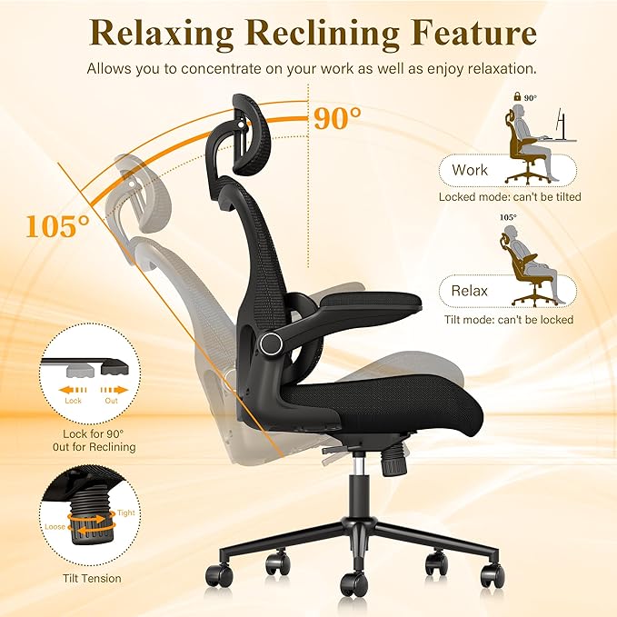 SUNNOW Ergonomic Office Chair, Comfy Mesh Desk Chair, High Back Computer Gaming Chairs with Adjustable Lumbar Support, Flip-Up Arms, Headrest, Tilt Function, Wide Cushion, Swivel Wheel, BIFMA Quality