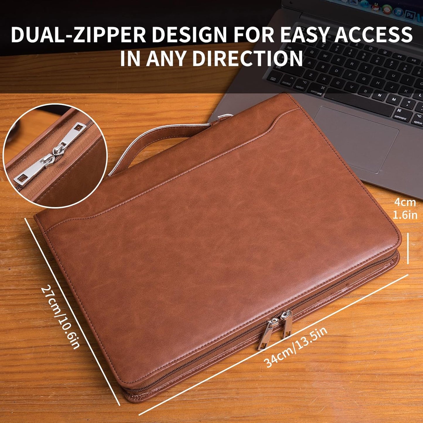 Personalized Vegan Leather Portfolio with Hidden Handle, Front Pocket, Custom Business Padfolio Tablet/13” Laptop Organizer, Professional Executive Document Folio, Brown