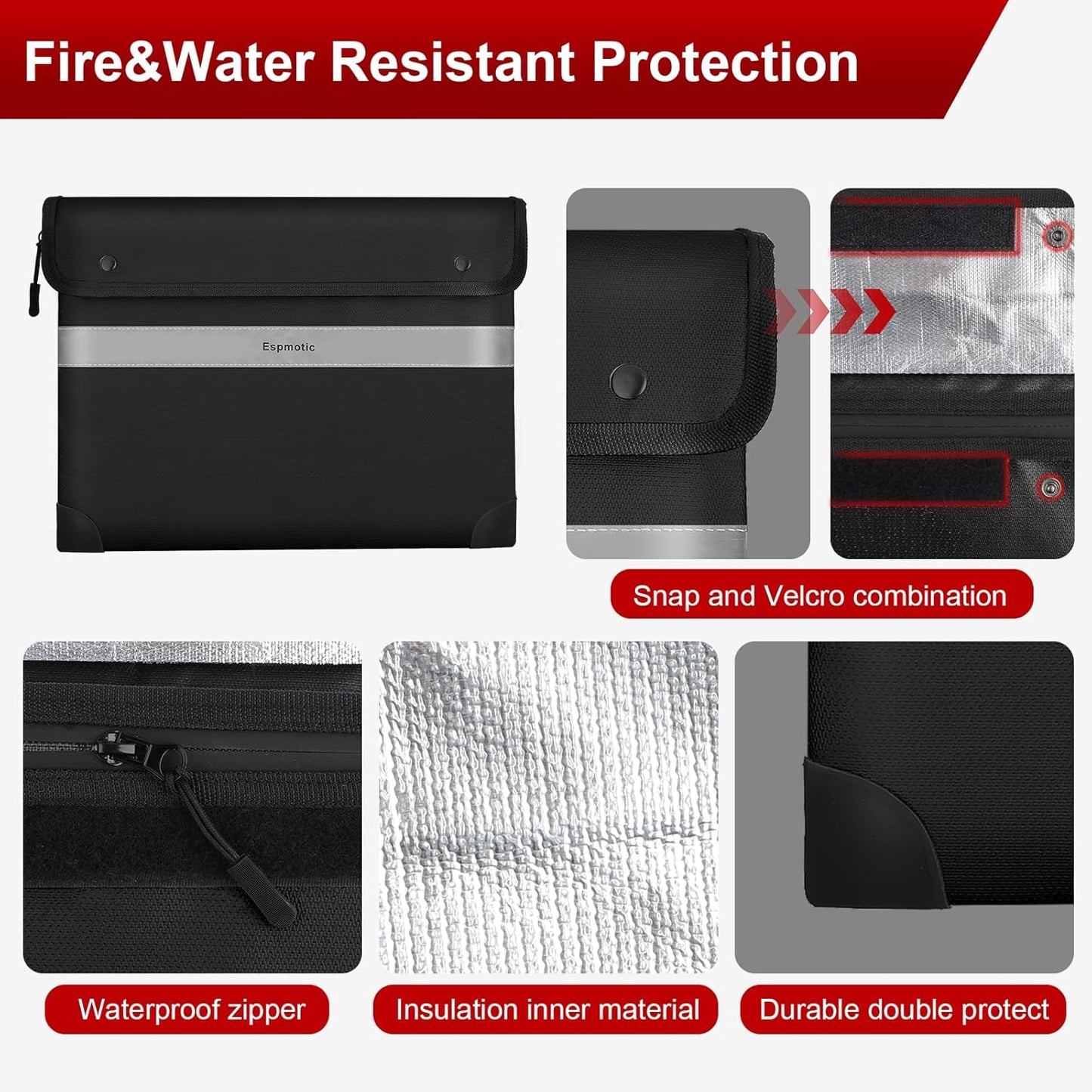 Fireproof Document Bag – 5200°F Heat-Resistant, 14.2" x 10.6" Waterproof Money Pouch with 8-Layer Protection, Zipper and Snap Closure, Reflective Strip for Quick Access, Black