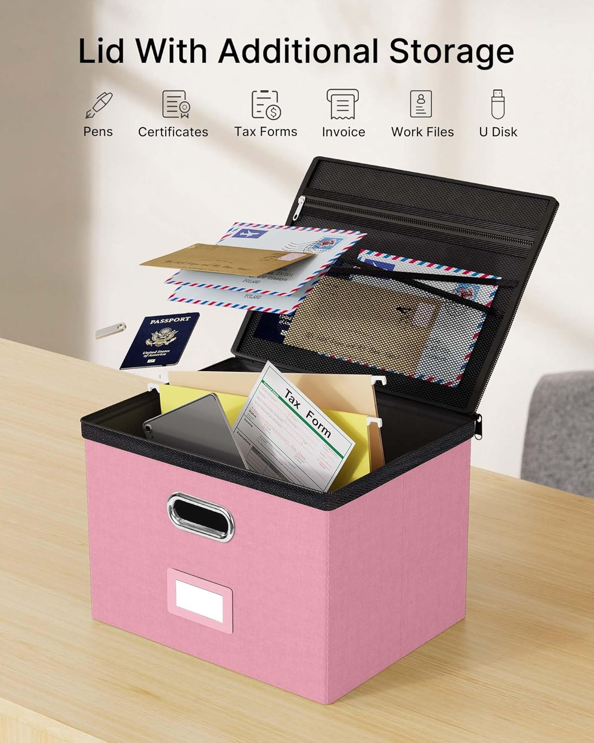 Oterri 2 Pack Large File Organizer Boxes with Lids, File Box with Mesh Pockets, Document Organizer Box for Legal/Letter Size Folders, Zippers Important Document Organizer (Pink, Without Folders)