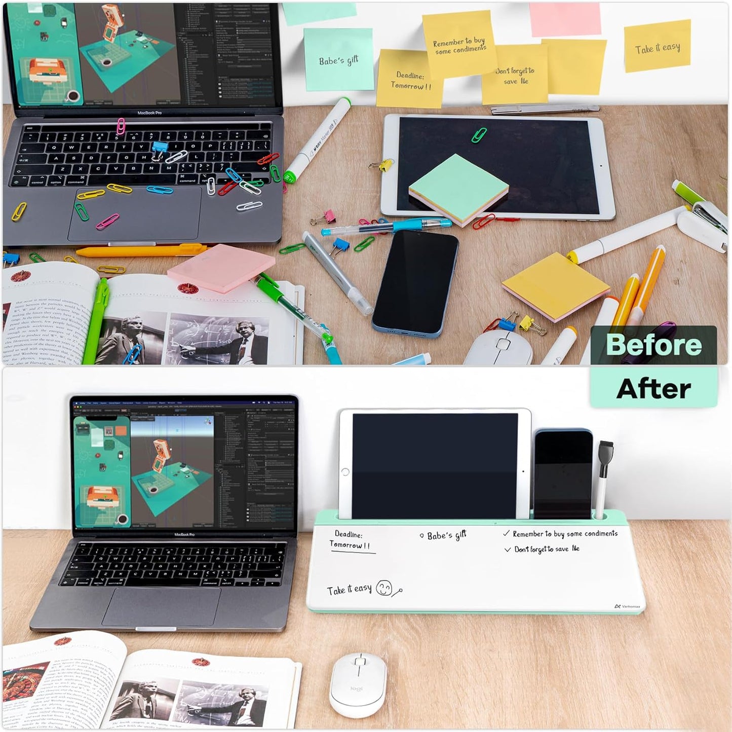 Varhomax Glass Desk Whiteboard with Storage, Desktop Dry Erase White Board to-do List Memo Keyboard Stand for Home Office and School Supplies (Green)