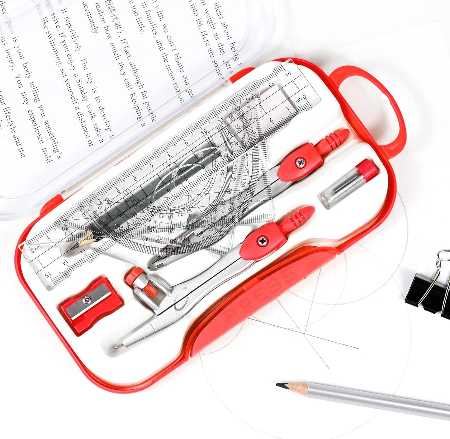 Math Geometry Sets 10 Piece Student Supplies with Shatterproof Storage Box,Includes Rulers,Protractor,Compass,Eraser,Pencil Sharpener,Lead Refills,Pencil,for Drafting and Drawings (Red)）