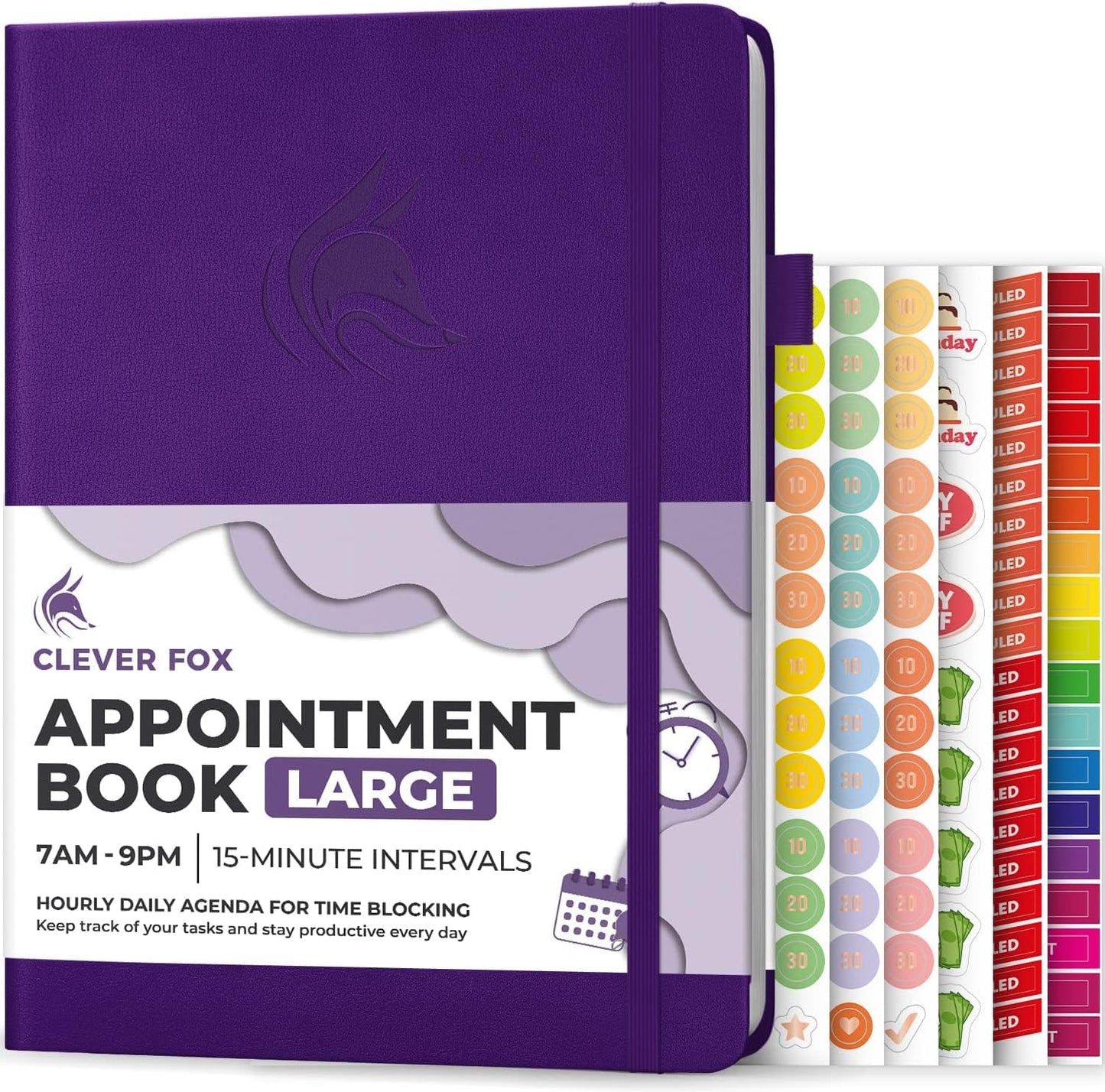 Clever Fox Appointment Book – Hourly Schedule Planner with 15-Minute Increments – Time Box Planner for Daily Work & To-Dos – Weekly & Monthly Spreads, Undated, Hardcover, 8.3x11″ (Purple)