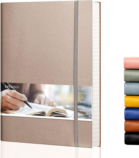 EMSHOI College Ruled Composition Notebook - Large B5 Notebook Lined Journal Leather with Free Sticky Notes, 204 Numbered Pages,100gsm Thick Lined Paper, Softcover, 7.5"x10"-Khaki