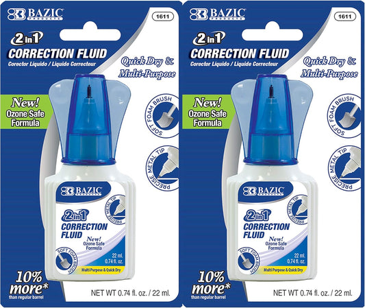BAZIC Correction Liquid 2 in 1 (0.74 oz / 22 ml), Foam Brush & Precise Metal Tip Applicator, Instant Corrections Pen White Out Wipe Out Fluid, 2-Pack