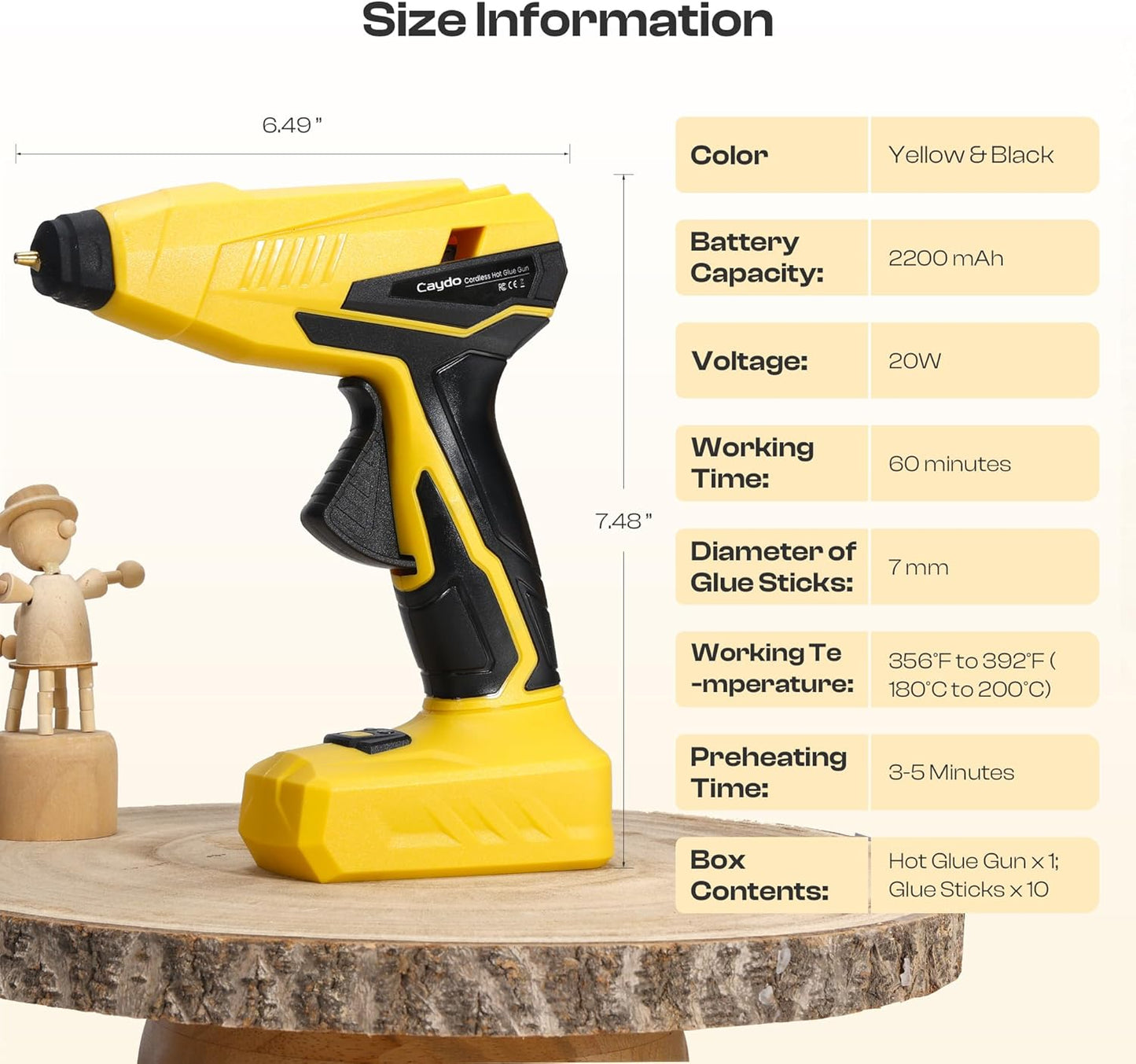 Caydo Cordless Hot Glue Gun, Portable Glue Gun, 2200mAh Type-C Rechargeable and Fast Heating, Heat Glue Gun Kit with 10PCS Glue Sticks for DIY Arts, Home Repairs, Crafting and Gift Making