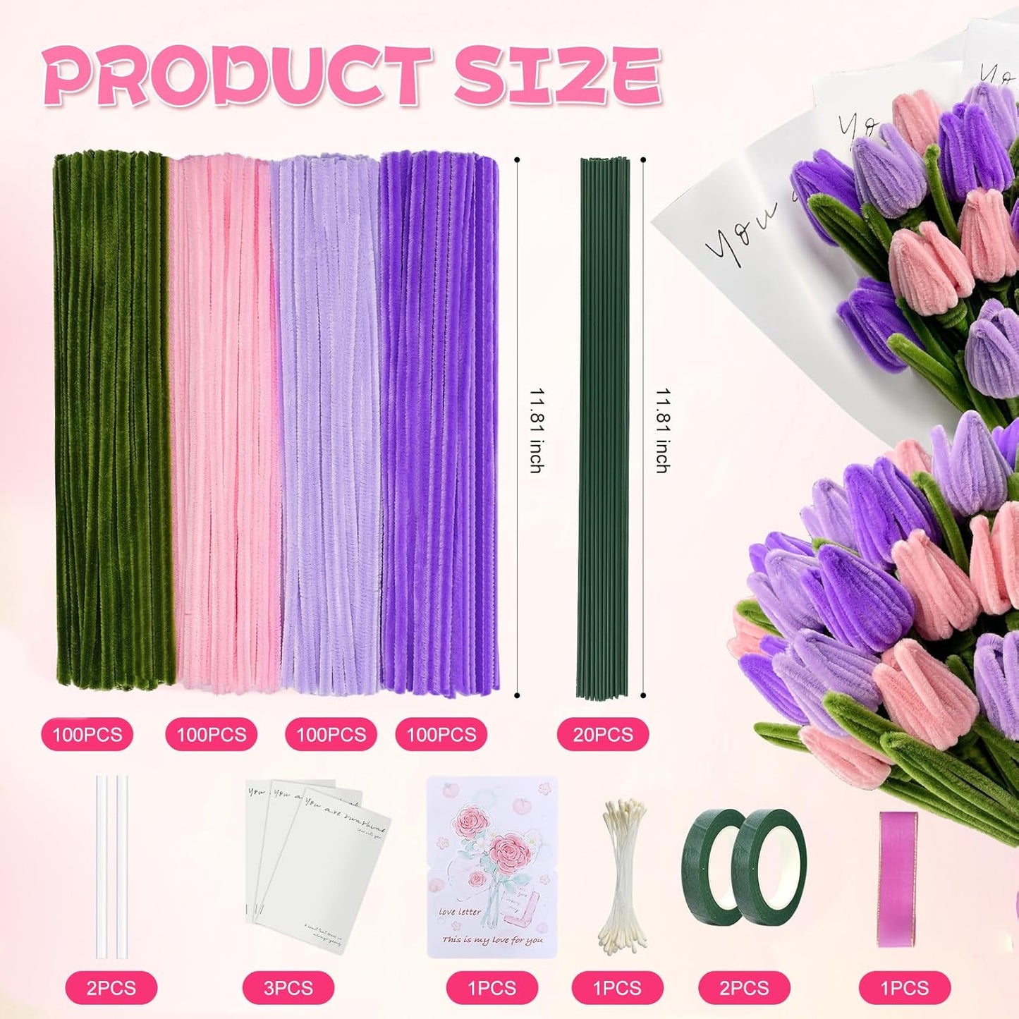 400 Pcs Chenille Stems Flowers Craft Kit,4 Colors Pipe Cleaners Bulk for DIY Floral Arrangements with Floral Wires, Gardening Tape,Hot Glue Stick,Greeting Card,Bouquet Paper, Stamen & Ribbon
