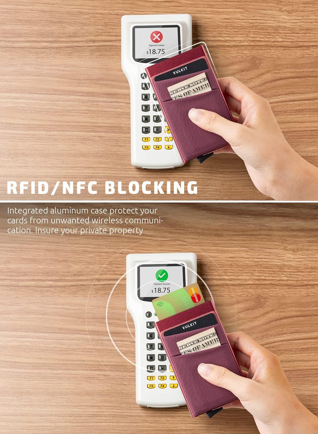 VULKIT Card Holder with Money Pocket Pop Up Wallet RFID Blocking Slim Metal Bank Card Case Holds 5 Cards and Notes