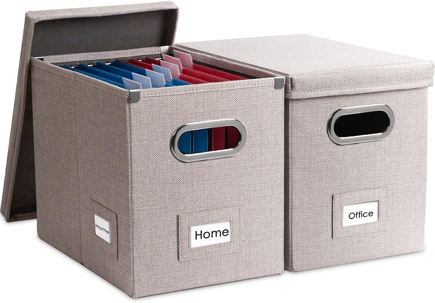 PRANDOM File Organizer Box - Set of 2 Collapsible Decorative Linen Filing Storage Hanging File Folders with Lids Office Cabinet Letter Size Light Grey (14x9.3x10.8 inch)
