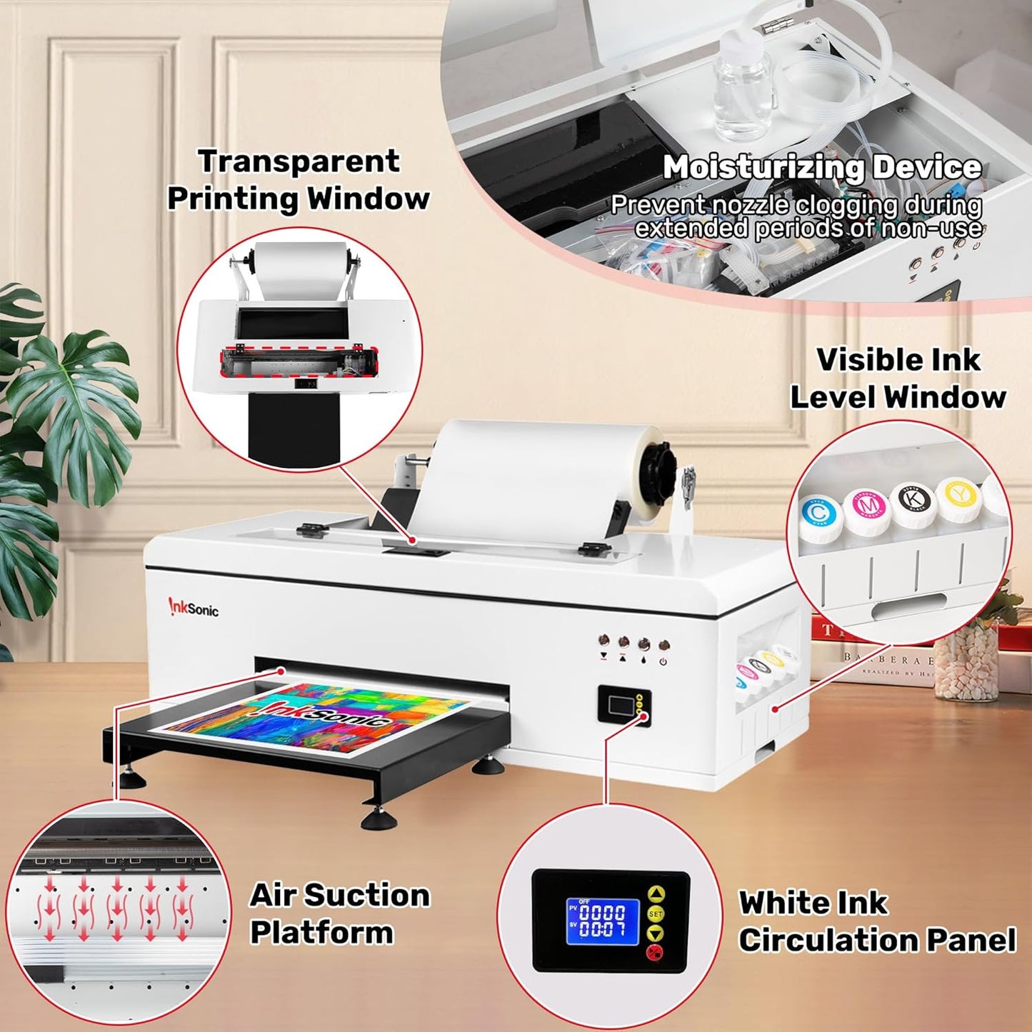 InkSonic DTF R1390 Printer A3, 13" Width DTF Transfer Pinter Bundle with Heat Press Machine, Custom T shirt Printing Machine, Multi-Material Compatible, Direct to Film, White Ink Circulation System