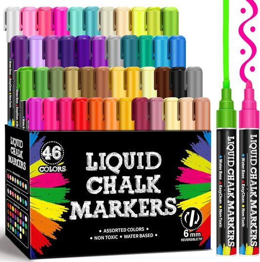 BainGesk 46 Colors Liquid Chalk Markers, Dust-Free Erasable Pens for Blackboards, Chalk Markers for Chalkboard, Windows, Glass, Mirror, Acrylic Dry Erase Board, 6mm Reversible Bullet & Chisel Tip