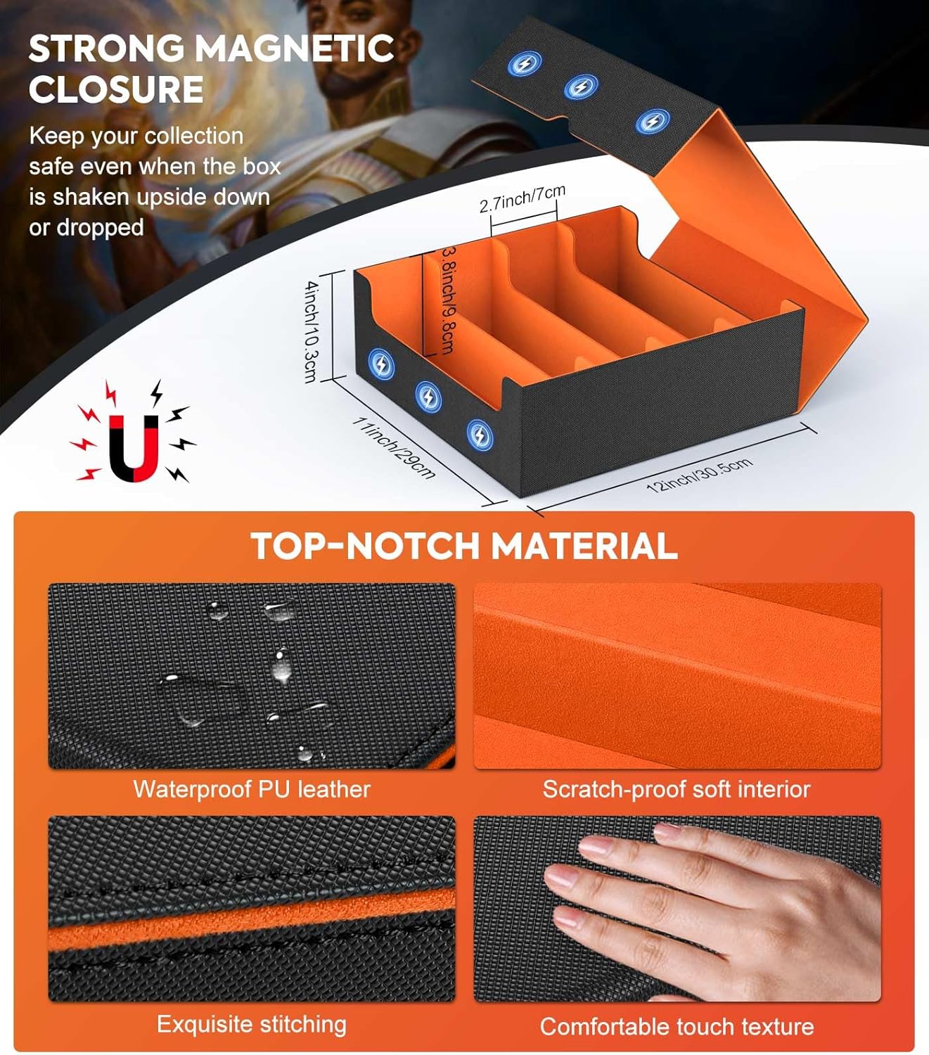 MoKo Trading Card Storage Box, 3000+ MTG Deck Box with 24 Colorful Dividers & 4 Card Supporters, Commander Card Deck Case Fits for Magic Game Cards, YugiOh, TCG, PTG and Sport Cards, Orange