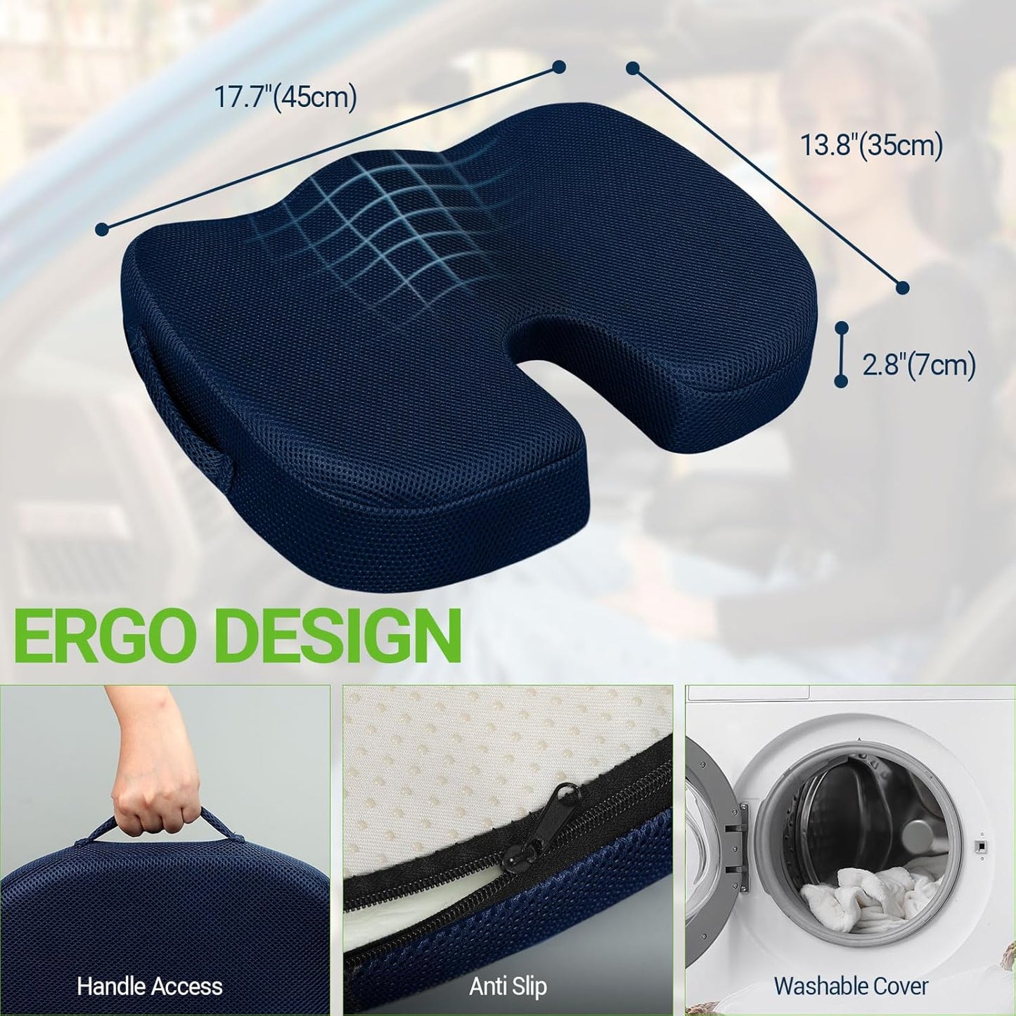 Gel Seat Cushion for Car Office - Memory Foam Pain Relief Chair Pillow Cushions - Tailbone Sciatica Coccyx Butt Lumbar Support Pad for Sitting Driving Traveling, Mesh, Blue