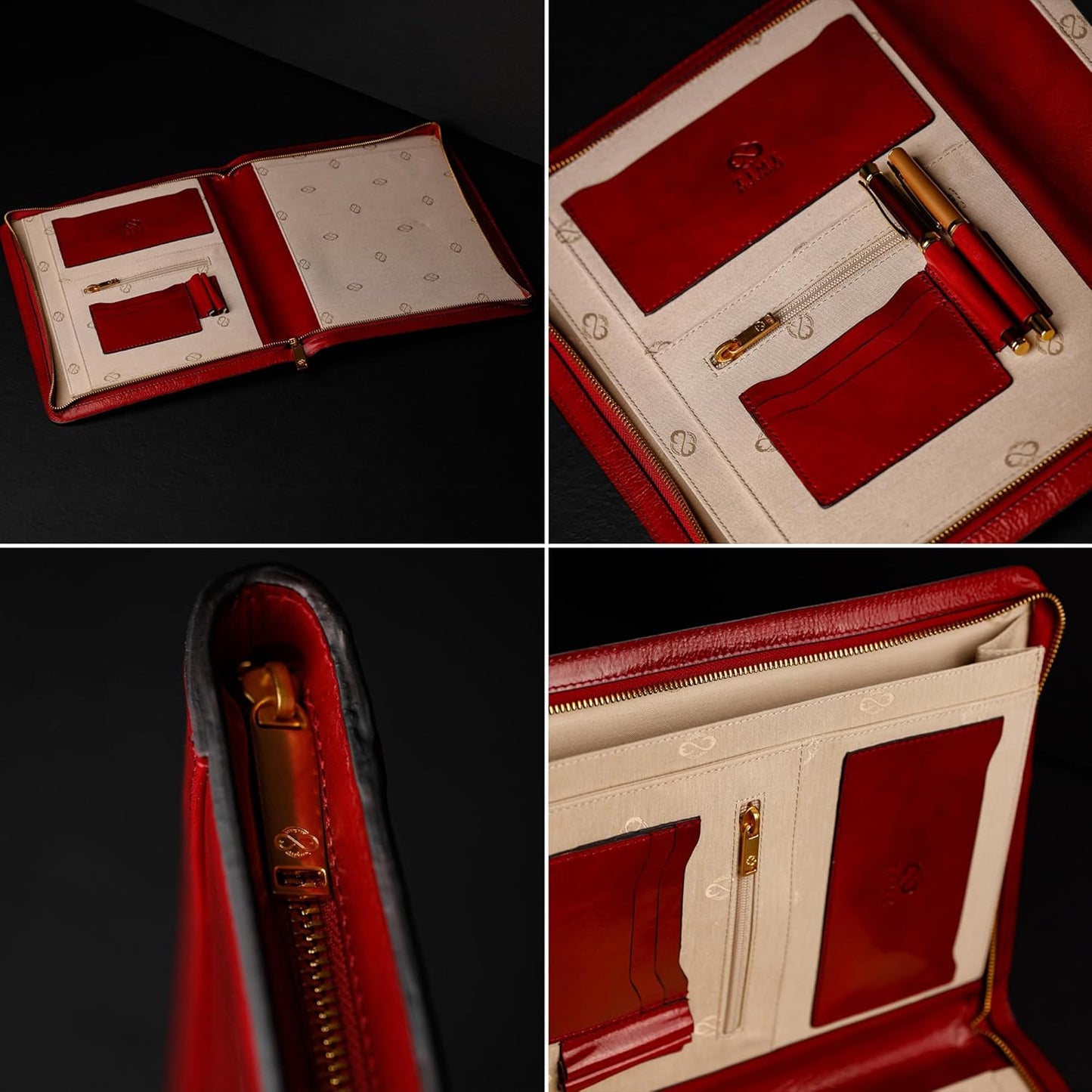 Time Resistance Leather Portfolio - A4 Document Folder - Italian Handcrafted Padfolio Organizer (Red) - Gift Box Included