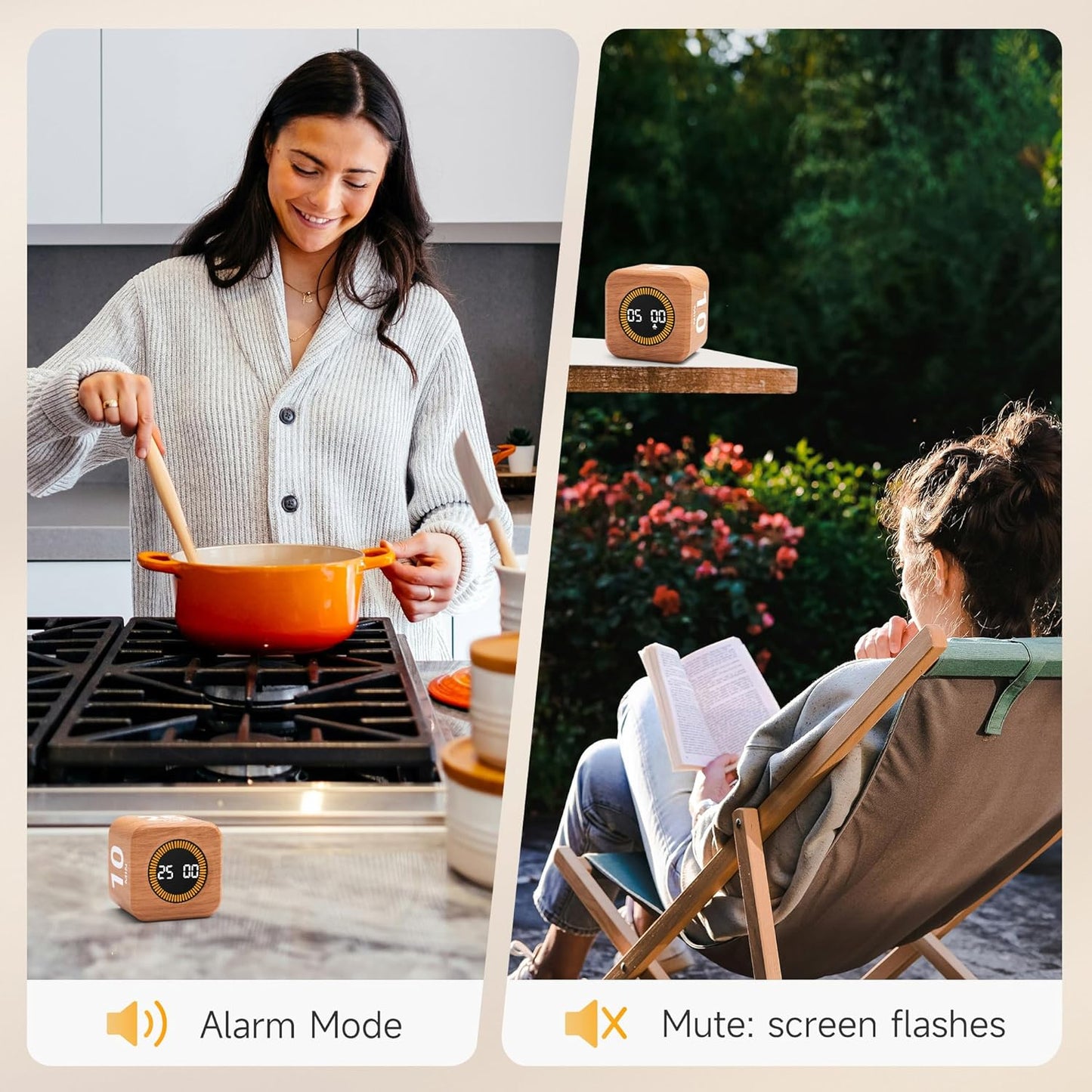 Rotating Productivity Timer 5, 25, 10, 50 Minutes Preset, Desk Cube w/Gravity Sensor for ADHD, Mute Functions, Ideal for Work, Study, Kitchen, Back to School (1, Wood Grain Finish)