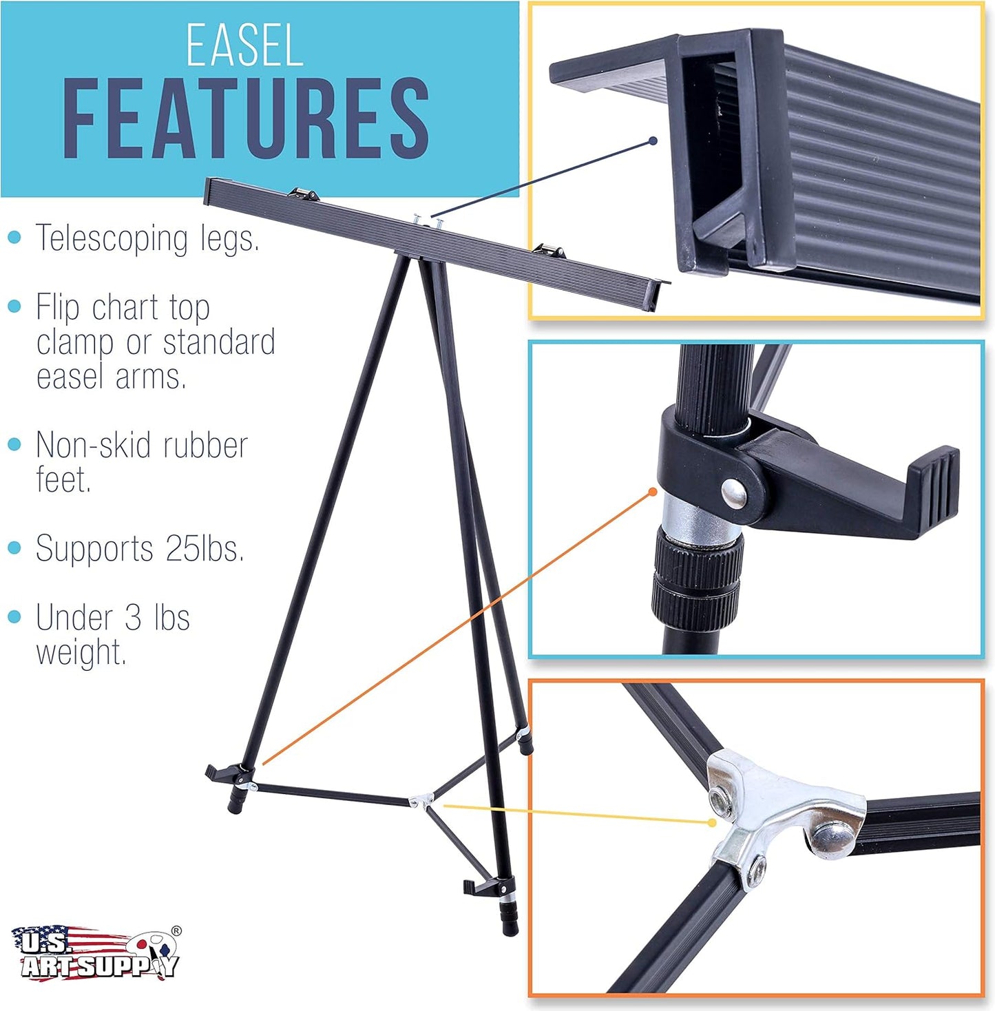 U.S. Art Supply 66" High Boardroom Black Aluminum Flip Chart Easel & Presentation Stand (10 Pack) - Adjustable Floor/Tabletop, Portable Tripod, Holds 25 lbs., for Chart Paper, Poster Boards, & Pads