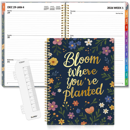 SUNEE 2026 Weekly and Monthly Planner - from January 2026 - December 2026, 8.5"x11" Daily Agenda Planner with Monthly Tab, Flexible Cover, Note Pages, Pockets, Bookmark, Spiral Binding, Navy Flower