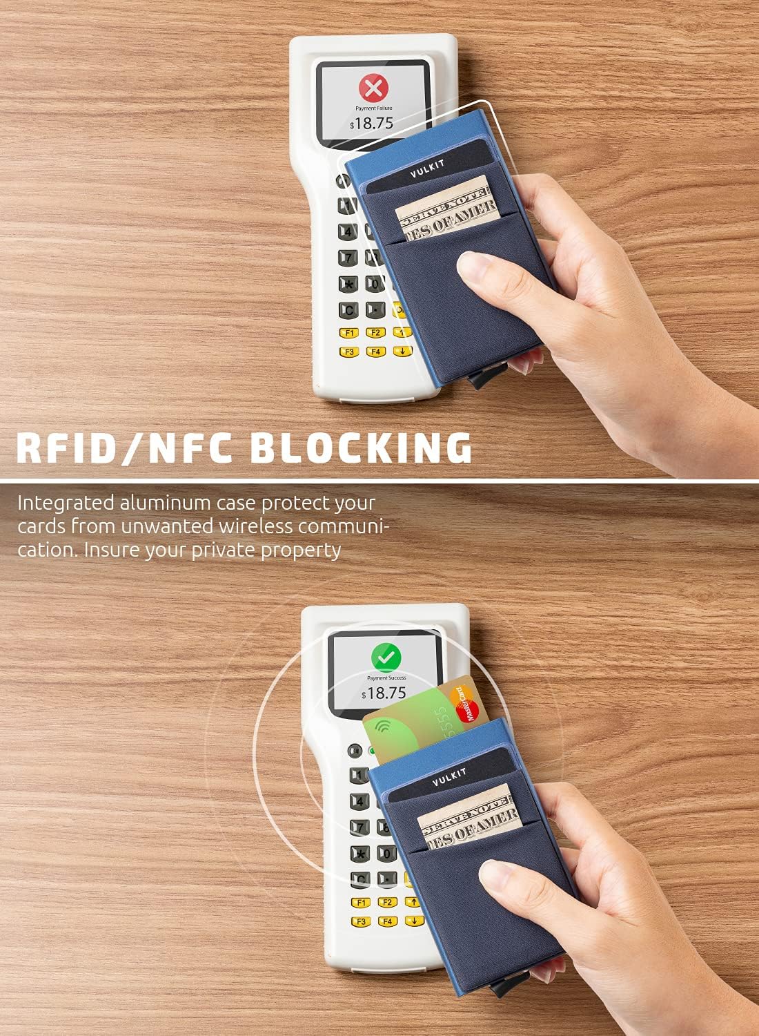 VULKIT Card Holder with Money Pocket Pop Up Wallet RFID Blocking Slim Metal Bank Card Case Holds 5 Cards and Notes