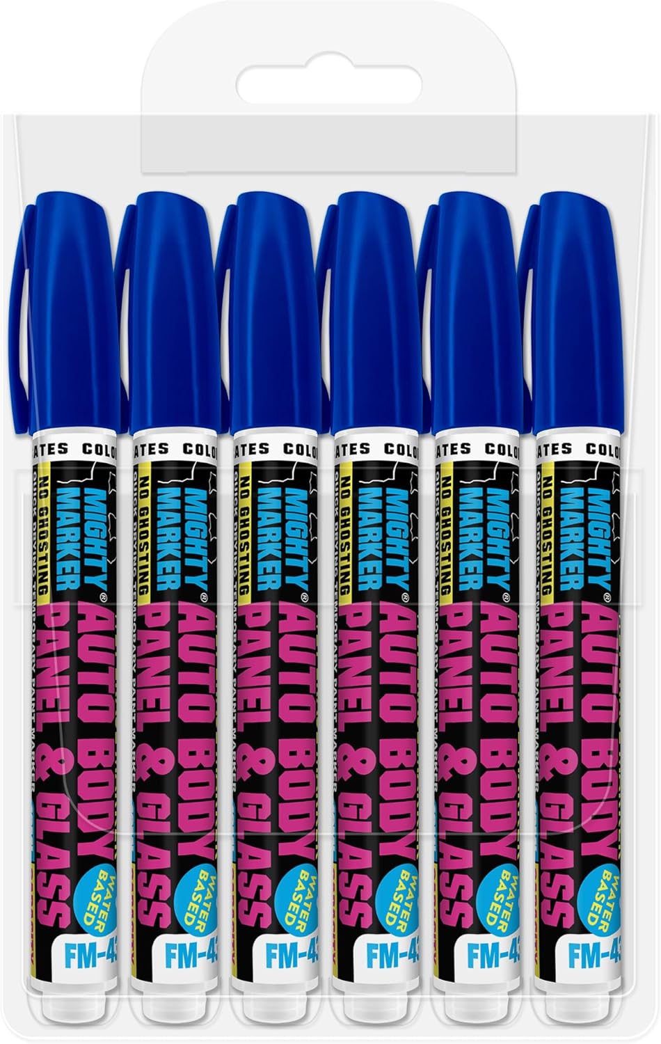 FM-43 Auto Body and Glass Paint Marker, No-Ghost, Highly Water-Resistant, 2.3mm Bullet Tip, Valve Action, 6 Bonus Reversible Tips, Made in USA - Blue 6 Pack