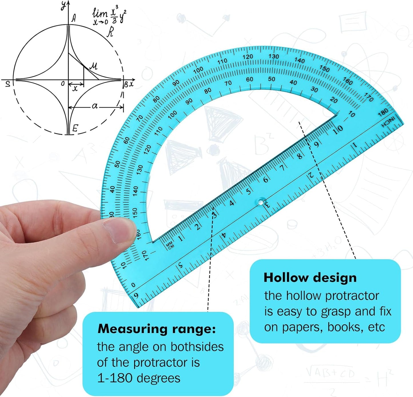 Zonon 2 Pcs 6 Inch Plastic Protractor Math Protractors 180 Degrees Angle Measurement, Translucent for Geometry Classroom Kid Student School Office Supplies(Blue)
