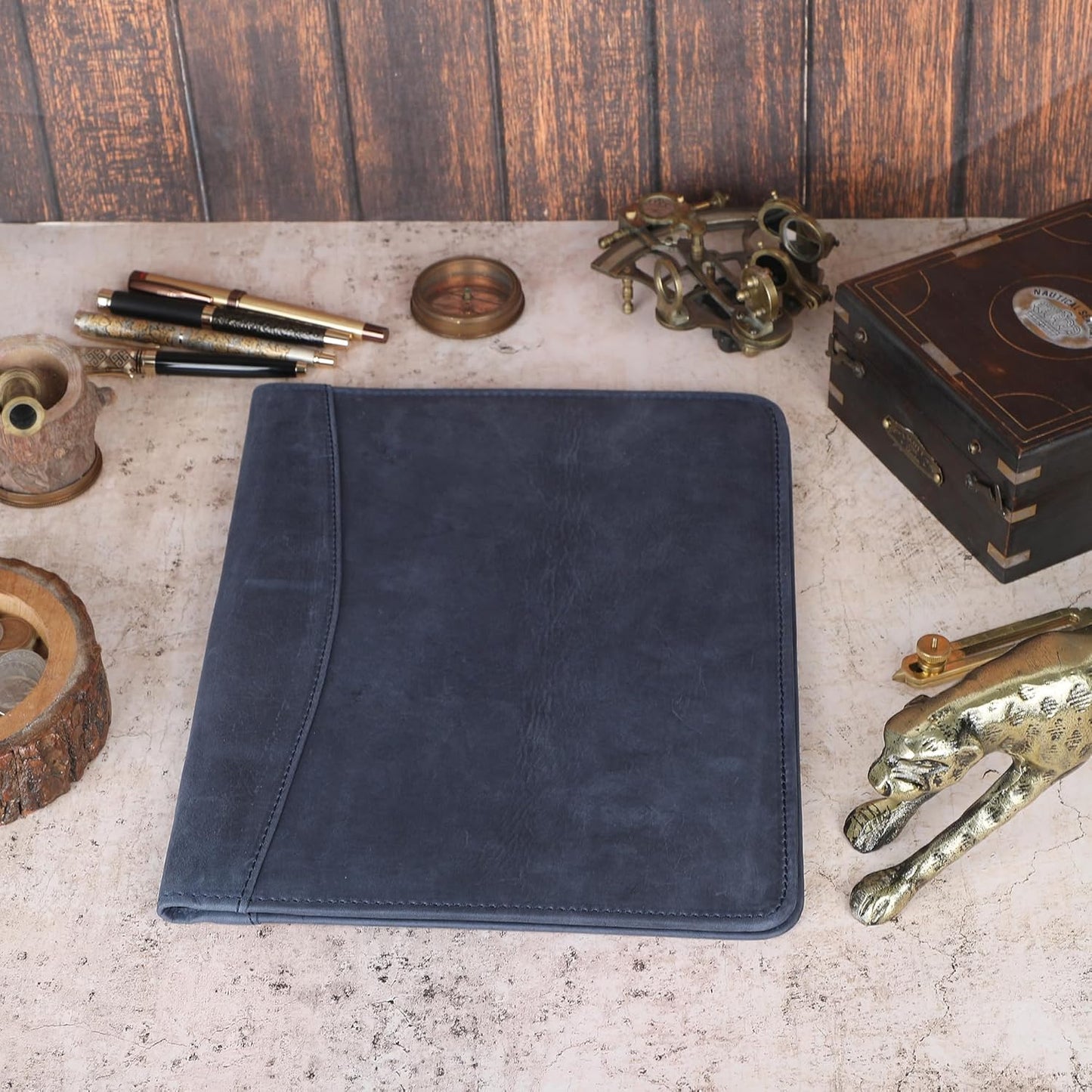 Heavy Duty Buffalo Leather Legal Pad Portfolio Handmade Executive Notebook Binder, Professional Padfolio Organizer Gift for Men and Women Genuine Leather Resume Document Holder (Blue)