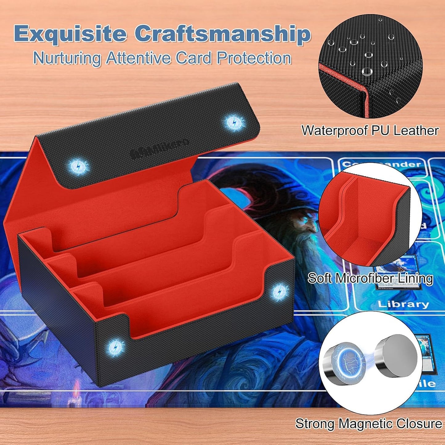 Mlikero Card Deck Case, 1800+ Trading Card Storage Box with 10 Dividers and 3 Foam Stoppers, Leather Magnetic Closure Commander Deck Box Fit for YuGiOh, MTG and Sport Cards(Black&Red)