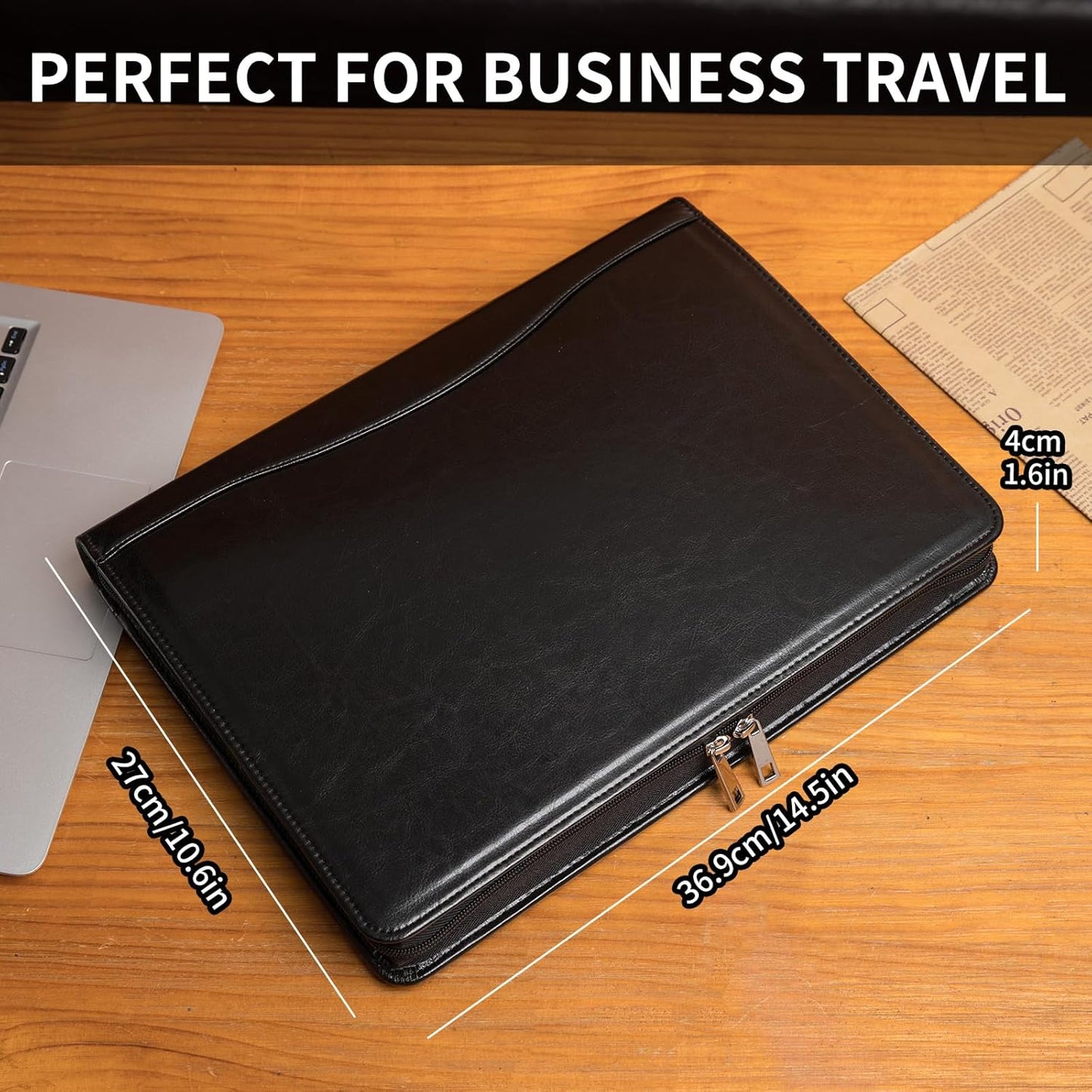 Vegan Leather Portfolio, Legal Size 8.5 x 14 Pad Holder, Business Padfolio for Men and Women, Zippered Laptop Organizer, Executive Professional Work Travel Notepad Folio, Black
