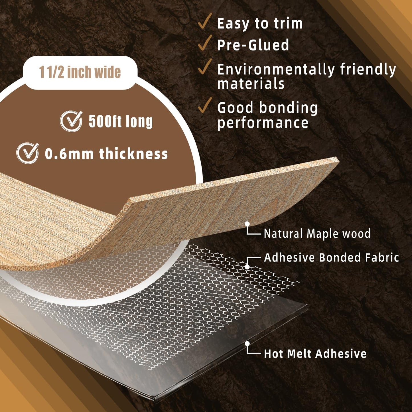 GSCIT Club Maple Edge Banding, 1 1/2 inch x 500ft roll of Veneer Edge Banding Preglued Flexible, Wood Tape Banding for Cabinet Repair Plywood