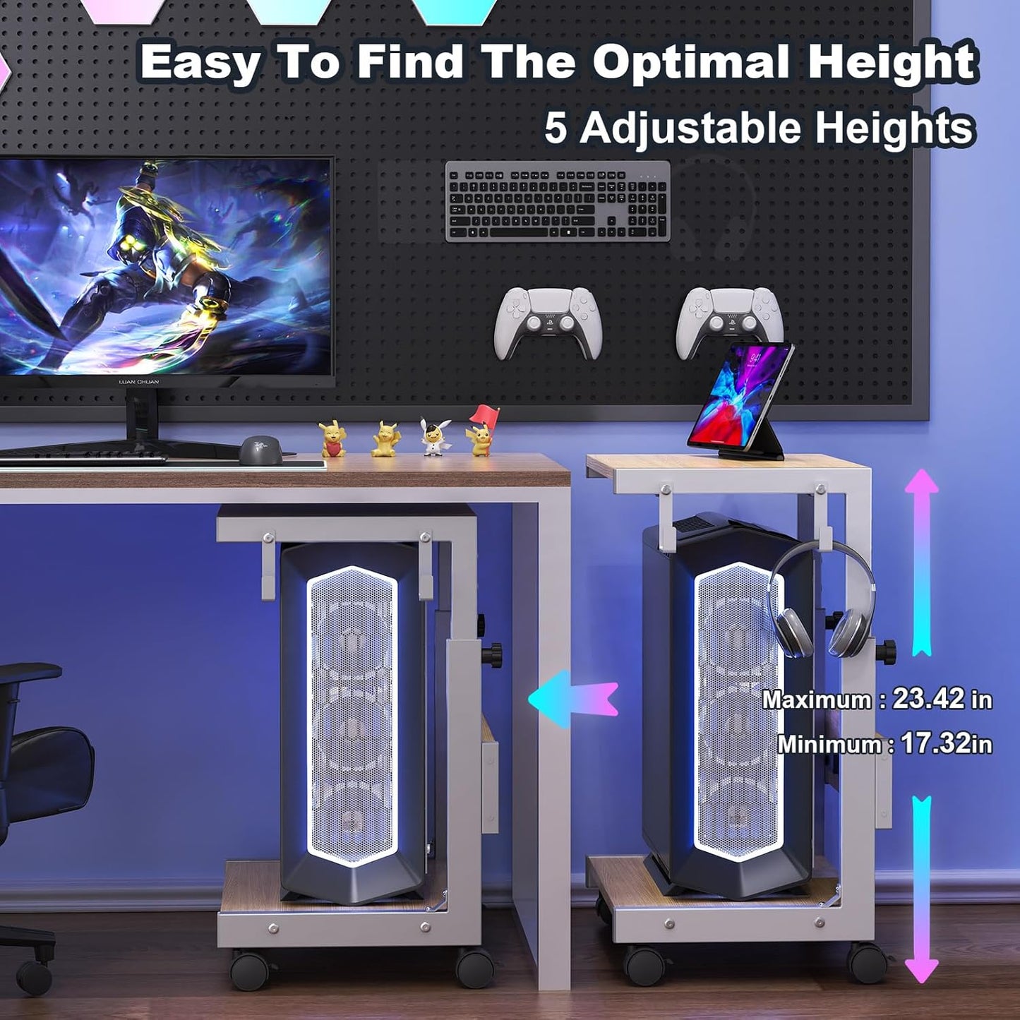 Computer Tower Stand with Charge Station and USB Charging Port - Height Adjustable PC Tower Stand, Under Desk CPU Holder Cart with Locking Caster Wheels for Fits Most PC