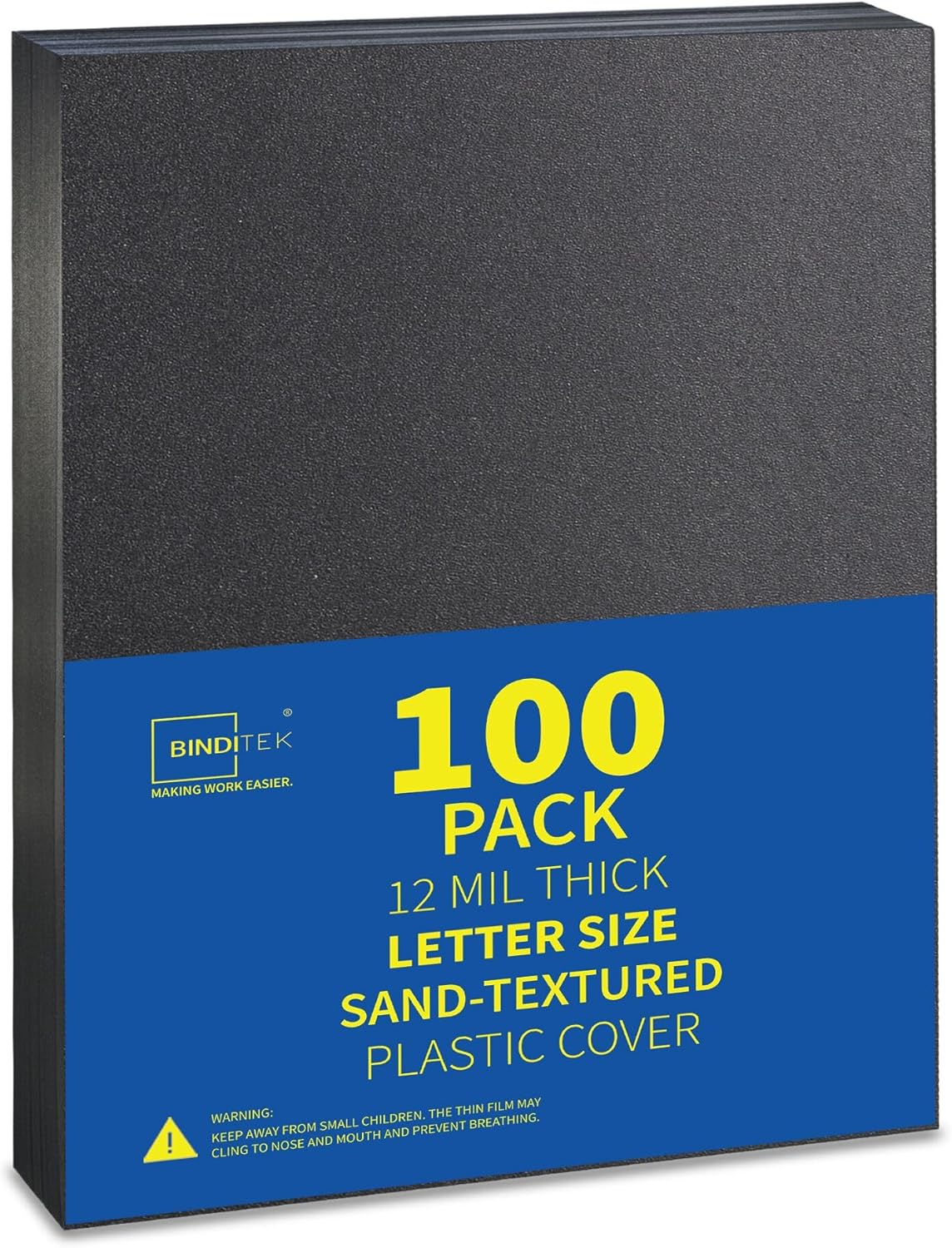 Binditek 100 Pack 12 Mil Sand-Textured Polycover - Plastic Binding Cover for Letter Size - Lightly Sanded Finish - Business Reports and Proposals - Square Corners, Un-Punched, Black