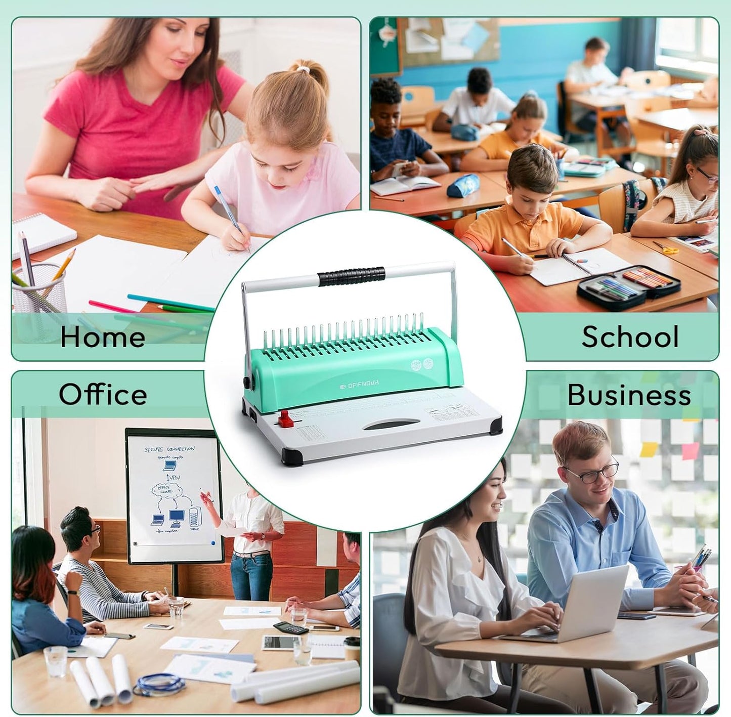 OFFNOVA Binding Machine, 21-Hole 450 Sheets Paper Comb Binding Machine for Letter Size / A4 / A5 Paper, Easy to Punch Handle, Adjustable Margin, Book Binder with 100 PCS 3/8'' Comb Binding Spines