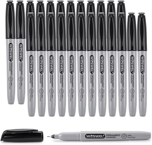 Ultra Fine Permanent Marker Bulk,24 Pack Ultra Fine Point Black Permanent Marker set, Felt Tip Pens Works on Plastic, Wood, Stone, Metal and Glass for Doodling, Marking