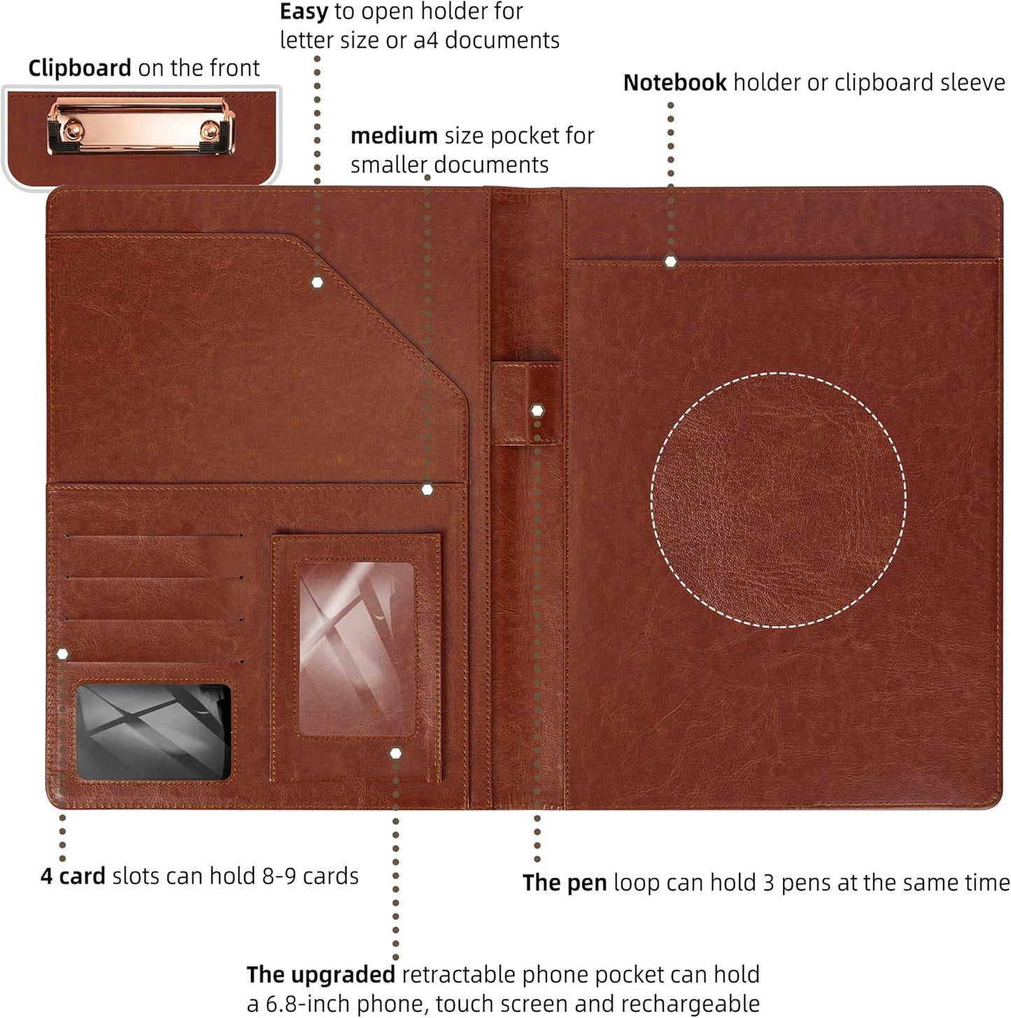 Brown Leather Portfolio Organizer Clipboard Storage Folio Padfolio for Men Notepad Notebooks for Work