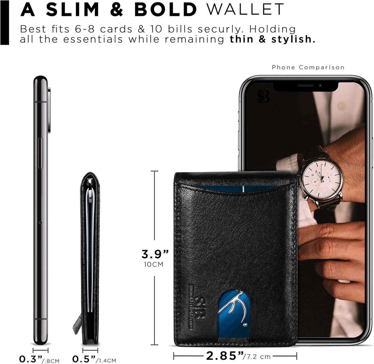 SERMAN BRANDS RFID Blocking Slim Bifold Genuine Leather Minimalist Front Pocket Wallets for Men with Money Clip Thin Mens