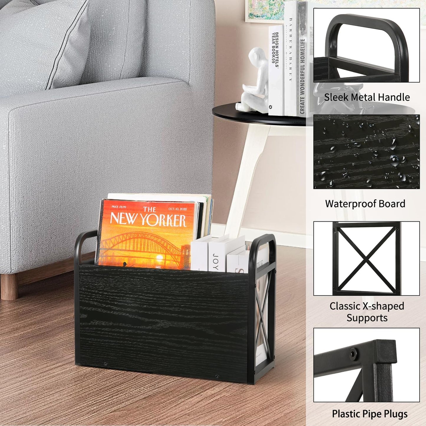 YINMIT Magazine Holder, Magazine Rack Floor, Magazine Storage Basket, Folder Organizer Bin for Books, Newspapers, Tablets (Black)