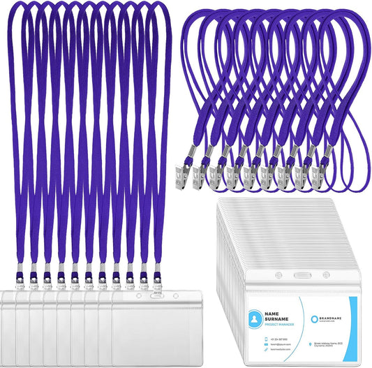 Marspark 100 Sets Clear Name Tags with Lanyard, Lanyards for ID Badges Reusable Strap with ID Holder Plastic Name Badges for Adults Business School Church Conference (Dark Purple)