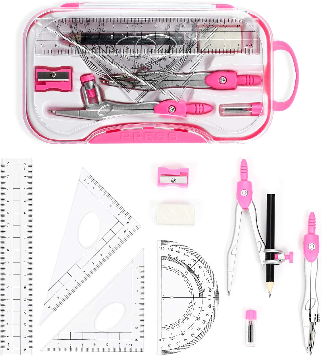 Math Geometry Kit Sets 10 Piece Student Supplies with Shatterproof Storage Box,Includes Rulers,Protractor,Compass,Eraser,Pencil Sharpener,Lead Refills,Pencil,for Drafting and Drawings（Pink）