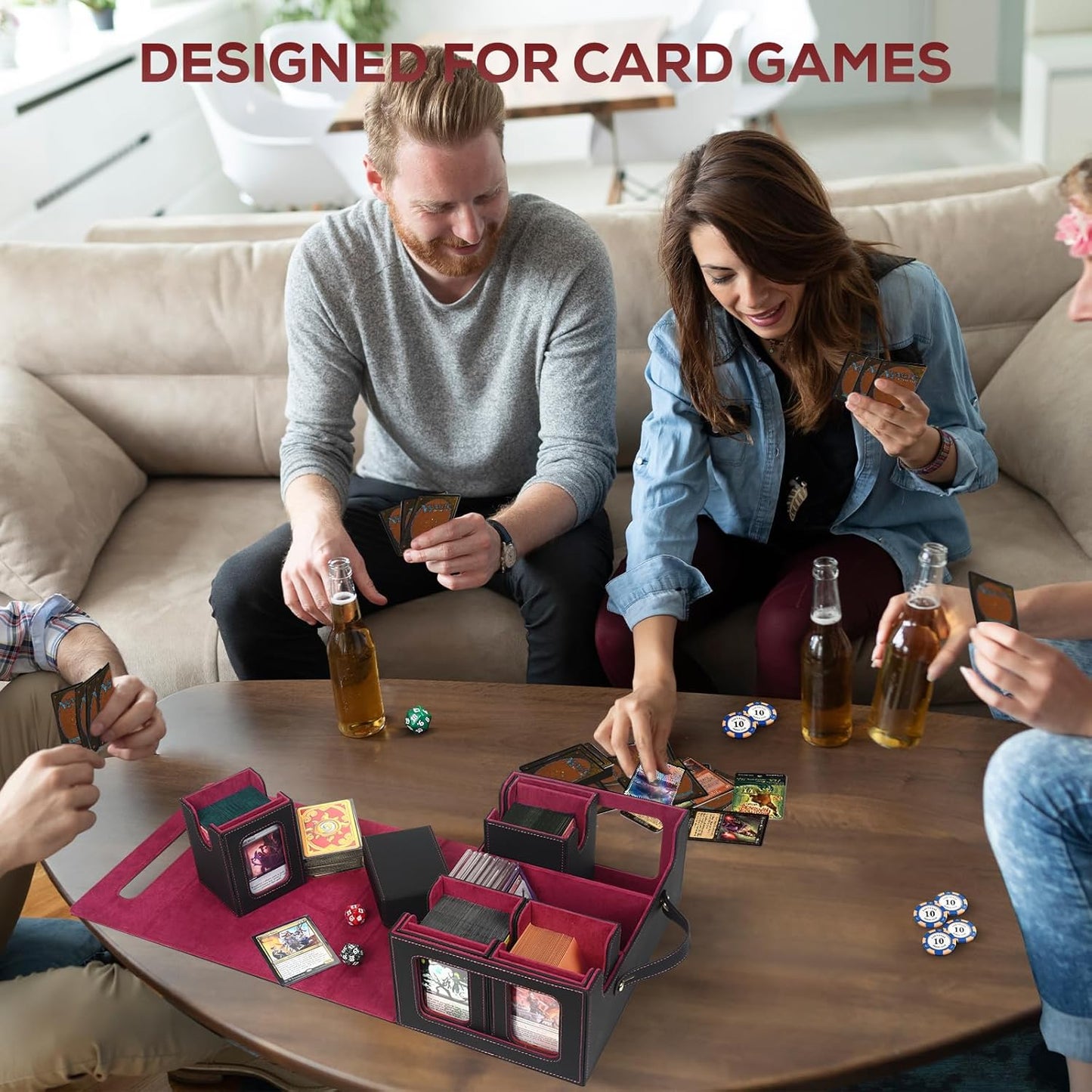 Trading Card Storage Box for MTG, card storage box with Commander Display，Multi-purpose Deck Case for MTG TCG Sports Card, 4 Toploaders, 4 Stoppers, 4 Colorful Dividers (Black & Red)