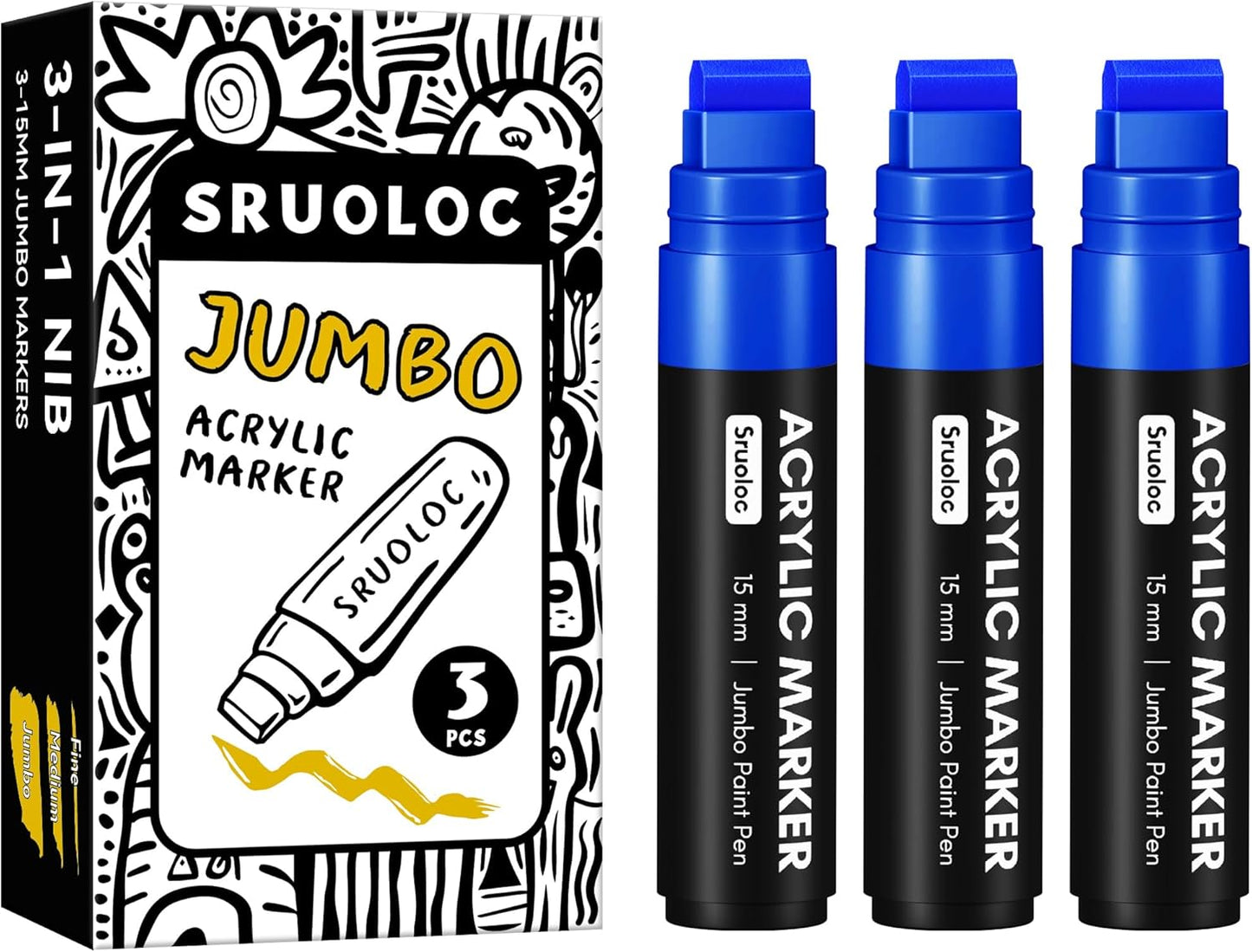 3 Jumbo Permanent Markers Blue, 15mm Thick Wide Tip, Large Acrylic Paint Markers for Rock Painting, Poster, Graffiti, Stone, Ceramic, Glass, Wood, Canvas