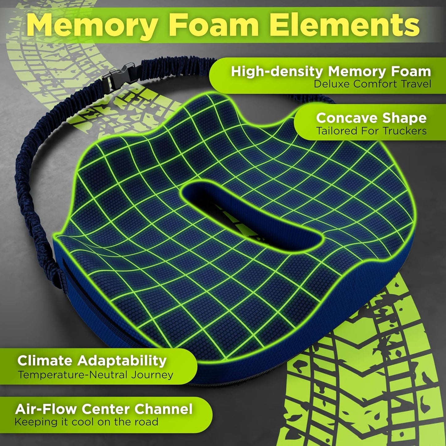 Large Truck Seat Cushion for Truck Driver Seat Cushion - Upgraded Back Support, CertiPUR-US® Certified - Thick Memory Foam, Pain Relief for Hours of Driving, Trucker Approved Big Rig - Navy