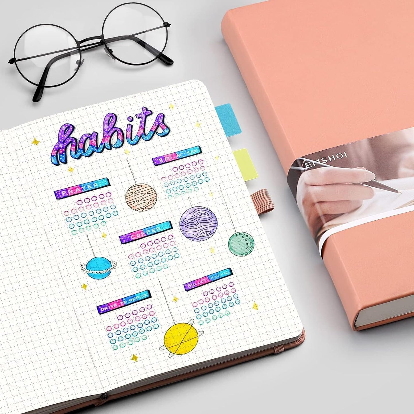 EMSHOI Graph Paper Notebook - 256 Pages A5 Graph Notebook/Journal, Hard Cover, 120gsm Thick Paper, Smooth PU Leather, Inner Pocket, 5.75'' × 8.38''-Pink