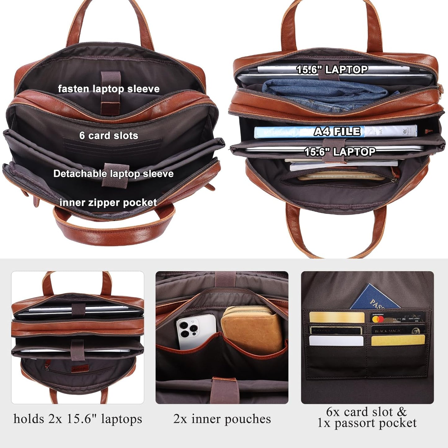 Masa Kawa Leather Briefcase for Men 15.6", 17" Laptop Computer Case Business Travel Work Messenger Cross Body Shoulder Bag